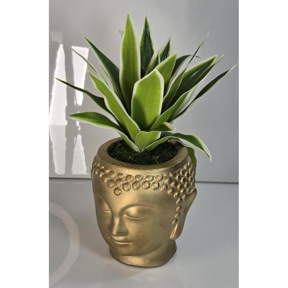 Handmade Faux Snake Plant in Gold Buddha Head Planter | Artificial Plant Decor
